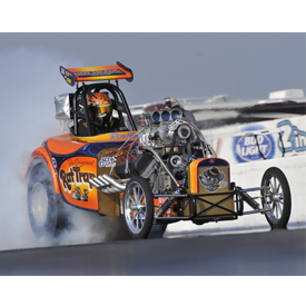 Rat Trap, owned by Ron Hope, is a classic Fuel Altered (AA/FA) car that harkens to the early days of the sport. This car, built