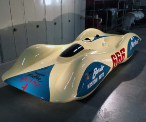 1953 Beast IV Streamliner, restored to its blue and yellow finish by Darryl Hollenbeck, an elite custom car painter 