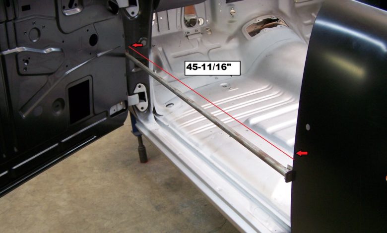 The door opening on all 1955-57 2-door cars should be 45-11/16" when measured between the flat area on the main A-pillar at the
