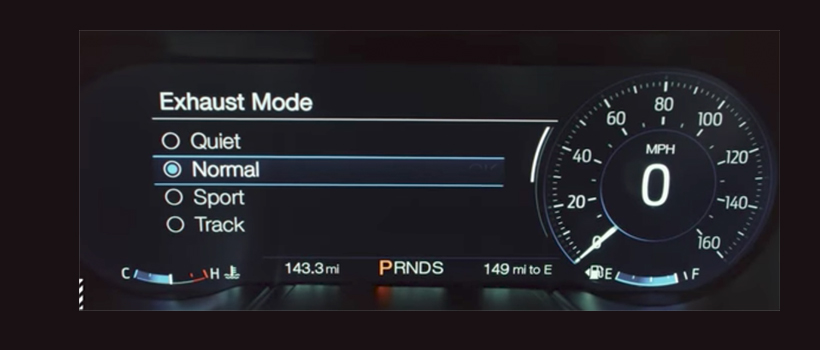 The 2018 Mustang GT features an all-digital 12-inch instrument clusterâ€”the exhaust mode menu appears within the pony menu