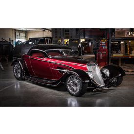 Steve Frisbee’s Ridler award-winning, candy-apple red and black 1933 Ford Roadster, the Renaissance Roadster