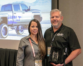 BOLT Lock selected Steve Prchal of R&R Marketing Consultants (right) as the sales Representative of the Year. Erika Garcia (left