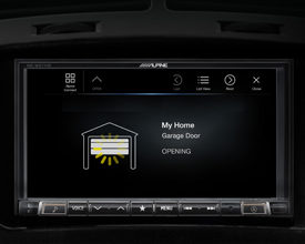The MyQ Garage Screen displayed on the Alpine universal 7-inch receiver with navigation, Android Auto and Apple CarPlay capabili