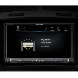 The MyQ Garage Screen displayed on the Alpine universal 7-inch receiver with navigation, Android Auto and Apple CarPlay capabili