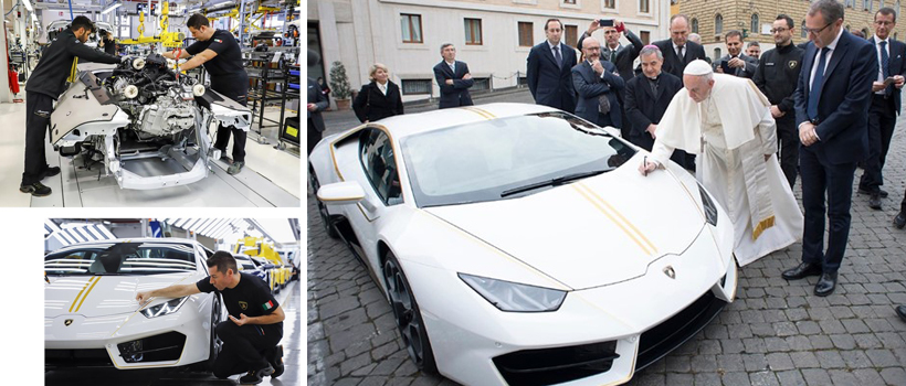 Pope Francis checks out his sweet ride, which is destined to benefit Catholic charities