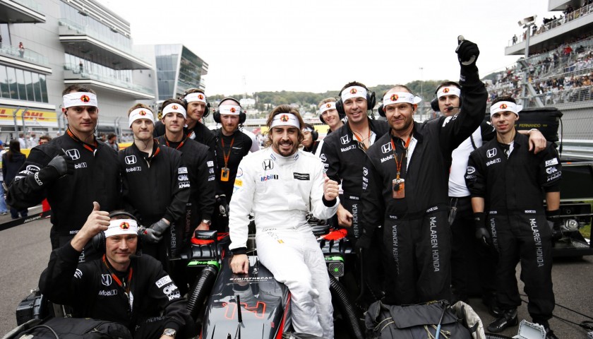 Fernando Alonso, pictured in the race suit donated for charity while at the 250th grand prixâ€”the 2015 Russian Grand Prix in Soch