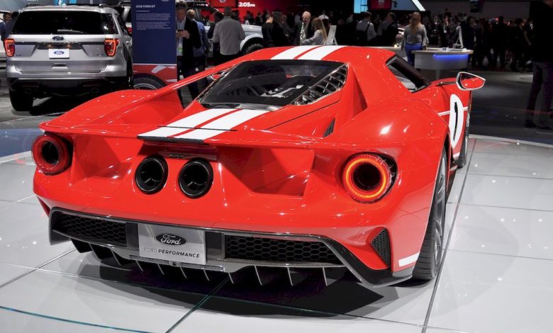 The Ford GT with its 216 mph top speed and 647 horsepower from its 3.5L V-6 EcoBoost engine, carbon fiber body panels and teardr