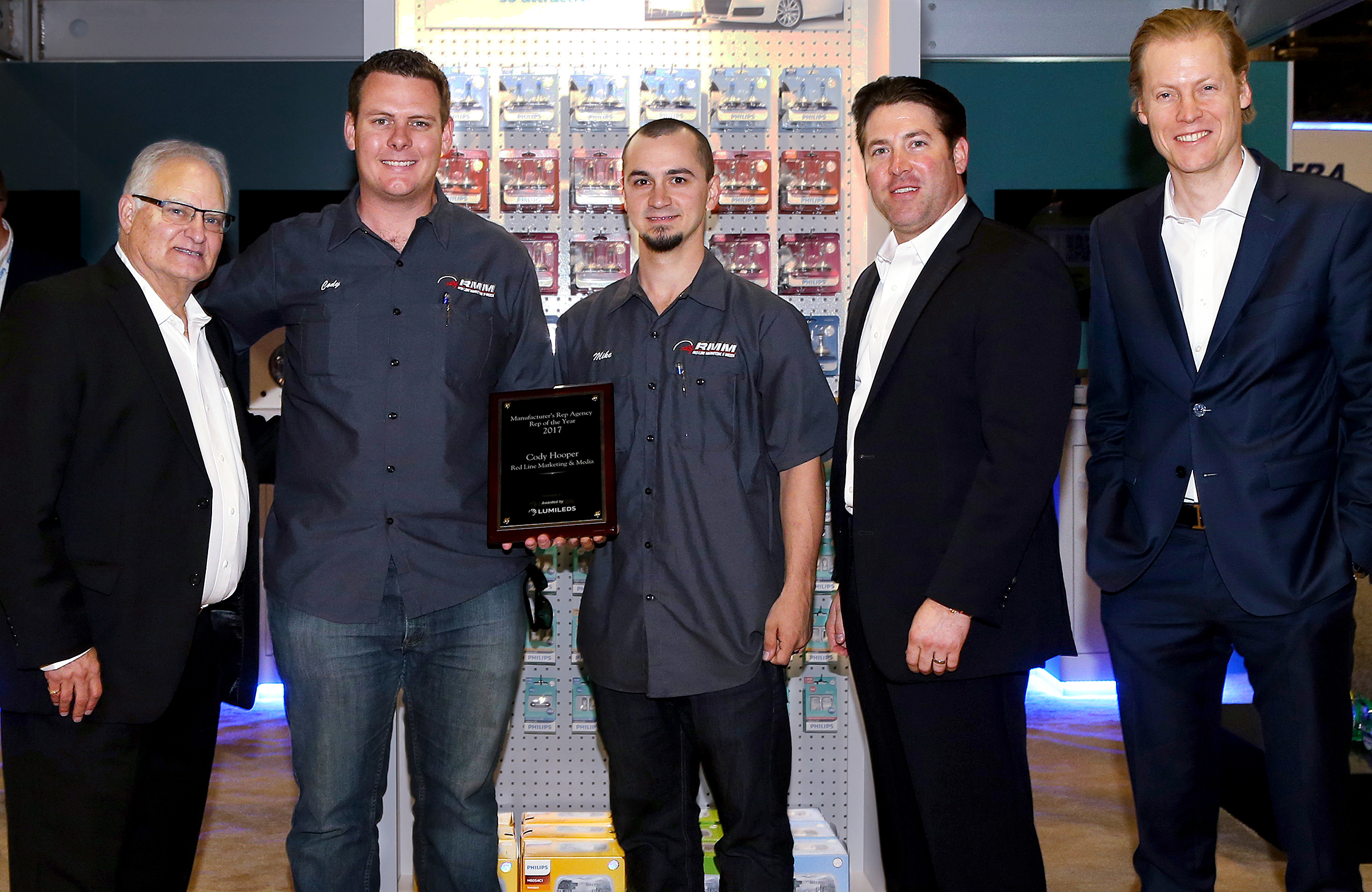 Lumileds presented the 2017 Manufacturerâ€™s Rep of the Year Award to Cody Hooper of Red Line Marketing & Media. Pictured (left to