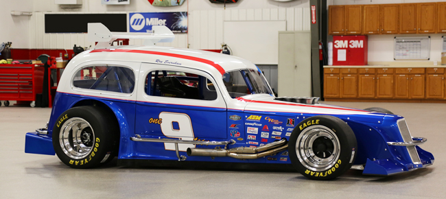 Housed under a 1936 Chevrolet sedan body, Ray Evernham's specialty-built race car named "Ghost" has the appearance of a modified