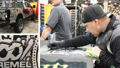 Hank Robinson uses a Dremel engraving tool to carve his custom designs into vehicles