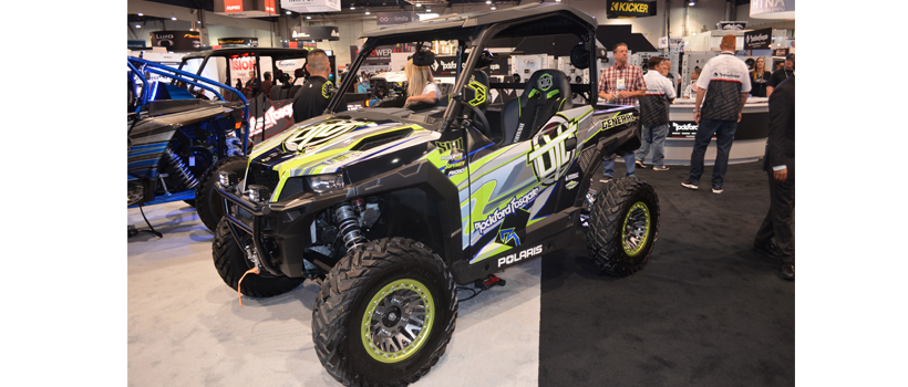 Side-by-side vehicle situated in the Rockford Fosgate booth at the 2017 SEMA Show