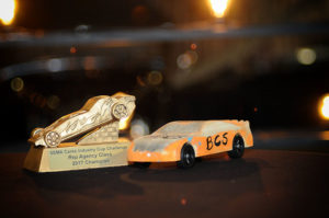 The pinewood car sponsored by Bob Cook Sales won the manufacturer's rep category in the 2017 SEMA Cares Pinewood Derby