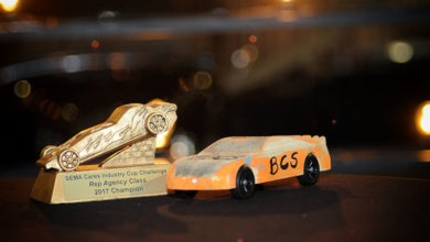 The pinewood car sponsored by Bob Cook Sales won the manufacturer's rep category in the 2017 SEMA Cares Pinewood Derby