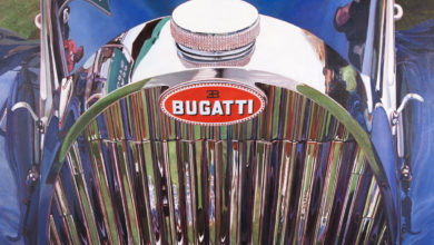 Photorealistic painting of a 1938 Bugatti Type 57c Grille; oil on canvas by Art Reid. This painting will be on loand from the Mu