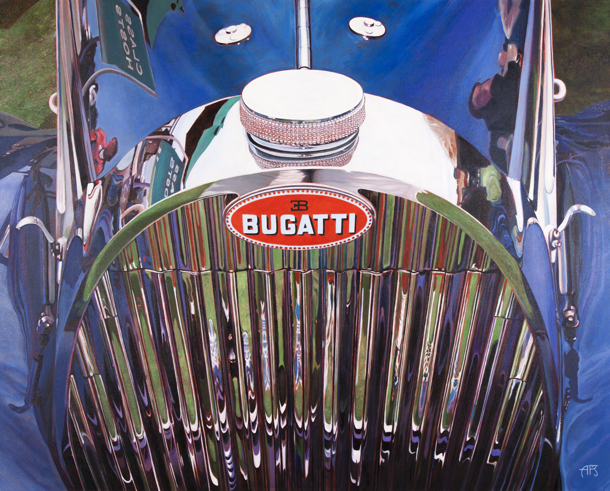 Photorealistic painting of a 1938 Bugatti Type 57c Grille; oil on canvas by Art Reid. This painting will be on loand from the Mu