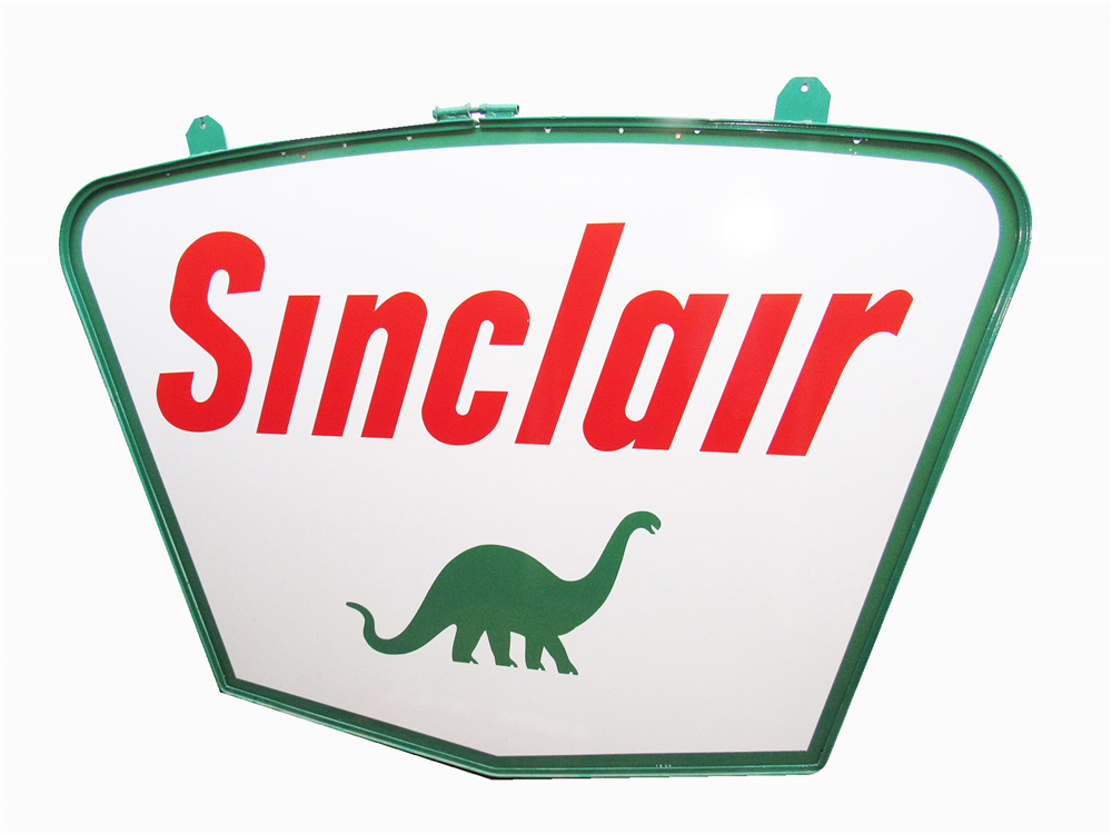 Near-flawless 1959 Sinclair Oil double-sided porcelain service station sign with Dino logo (Lot #8210)â€”one of the nicest example