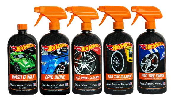The Hot Wheels Americana Series of car care products include Wash & Wax, Epic Shine, All Wheel Cleaner, Pro Tire Cleaner and Pro