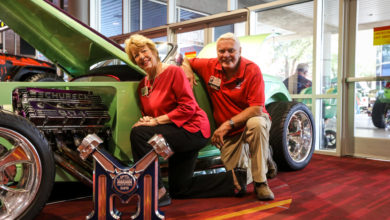 Joe Schubeck (right) with his quad-cam 904ci Hemi engine, winner of the Masters of Motors award by JE Pistons