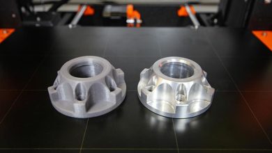 3D Printed Part, left, CNC Aluminum Part, right. Photo by Michael Barbalinardo