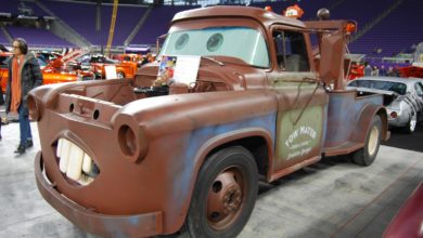 Customs By Eddie Paul was hired by Pixar to create live vehicle versions of Tow Mater (pictured), Lightning McQueen, and Sally C