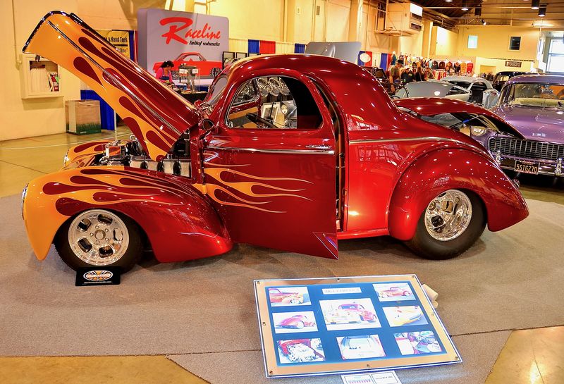 Lowered 1941 Willys Pro Street with injected "Boss 429" engine, huge rear rubber neatly tucked in (behind enlarged rear fenders)