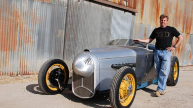 Chip Foose poses with the WWII fighter plane-inspired 1932 Ford Roadster, nicknamed P-32