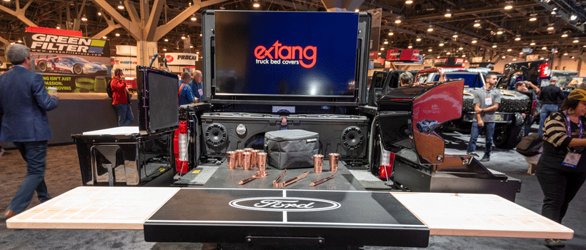 The backside of Extangâ€™s 2019 Ford F-350 Lariat project truck, aptly named the "Ultimate Tailgate Truck"
