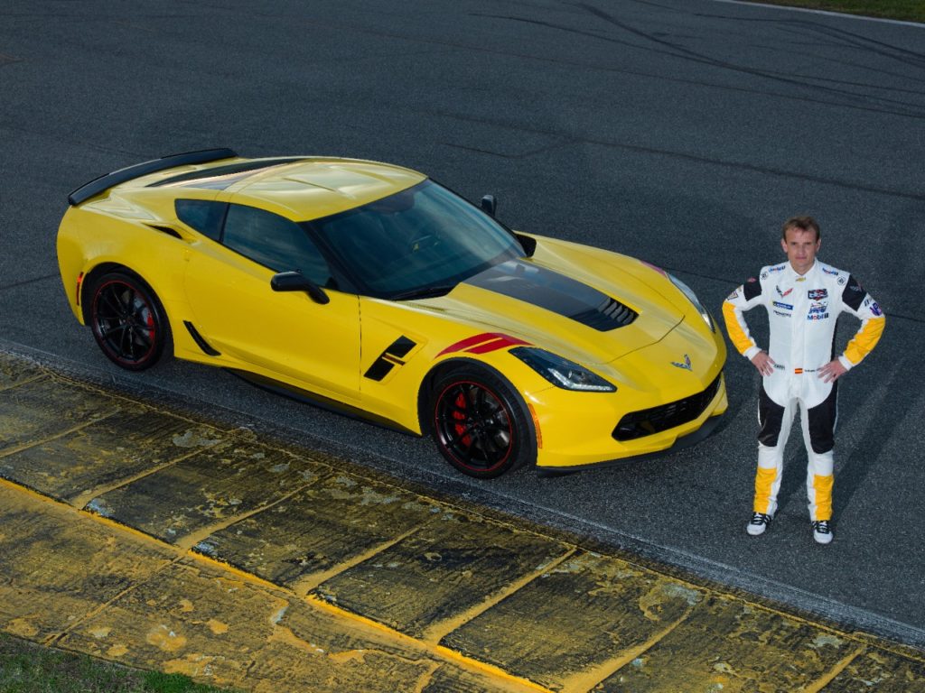 Antonio Garcia Edition: Racing Yellow exterior with “Jake” stinger stripe, red hash marks, Carbon Flash mirrors, black wheels with red stripe and red brake calipers. Jet Black interior; yellow stitching on 3LT trim