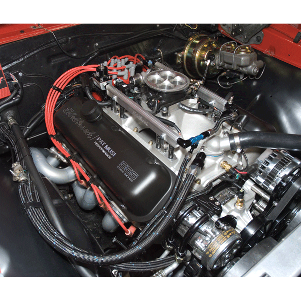 The Edelbrock/Musi 555 carbureted big-block Chevy crate engine produces 676 horsepower and 649 ft-lbs of torque on 91 octane pum