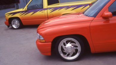 Besides the ever-popular Chevy/GMC pickups came others; shown here a front shot of a slammed Dodge Dakota mid-sized truck.