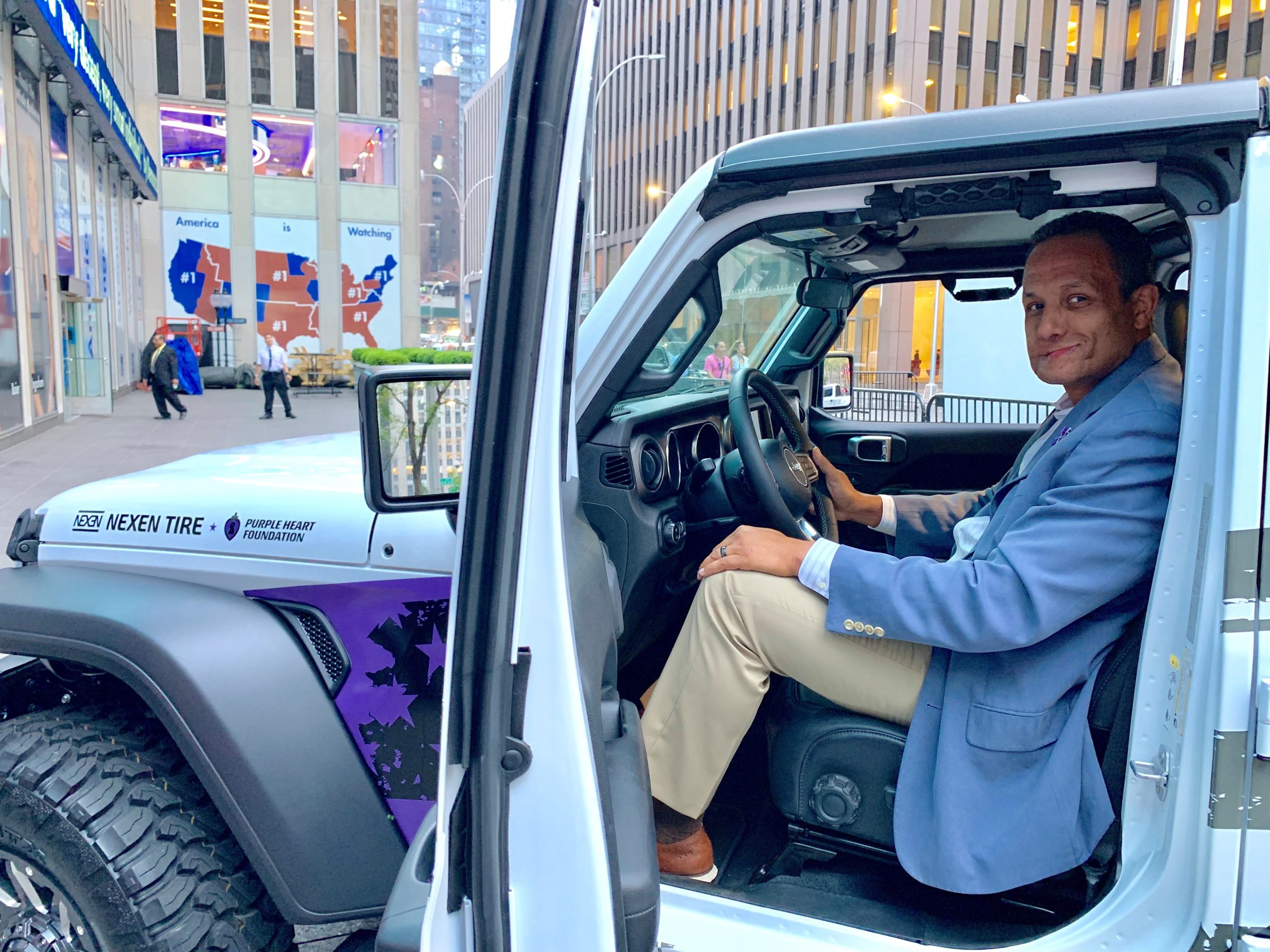 Retired Army Master Sgt. Brian Porter in his new Jeep Gladiator, given away courtesy of the Nexen Hero program by Nexen Tire Ame