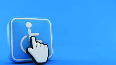 Handicap symbol with web cursor isolated on blue background. 3d illustration