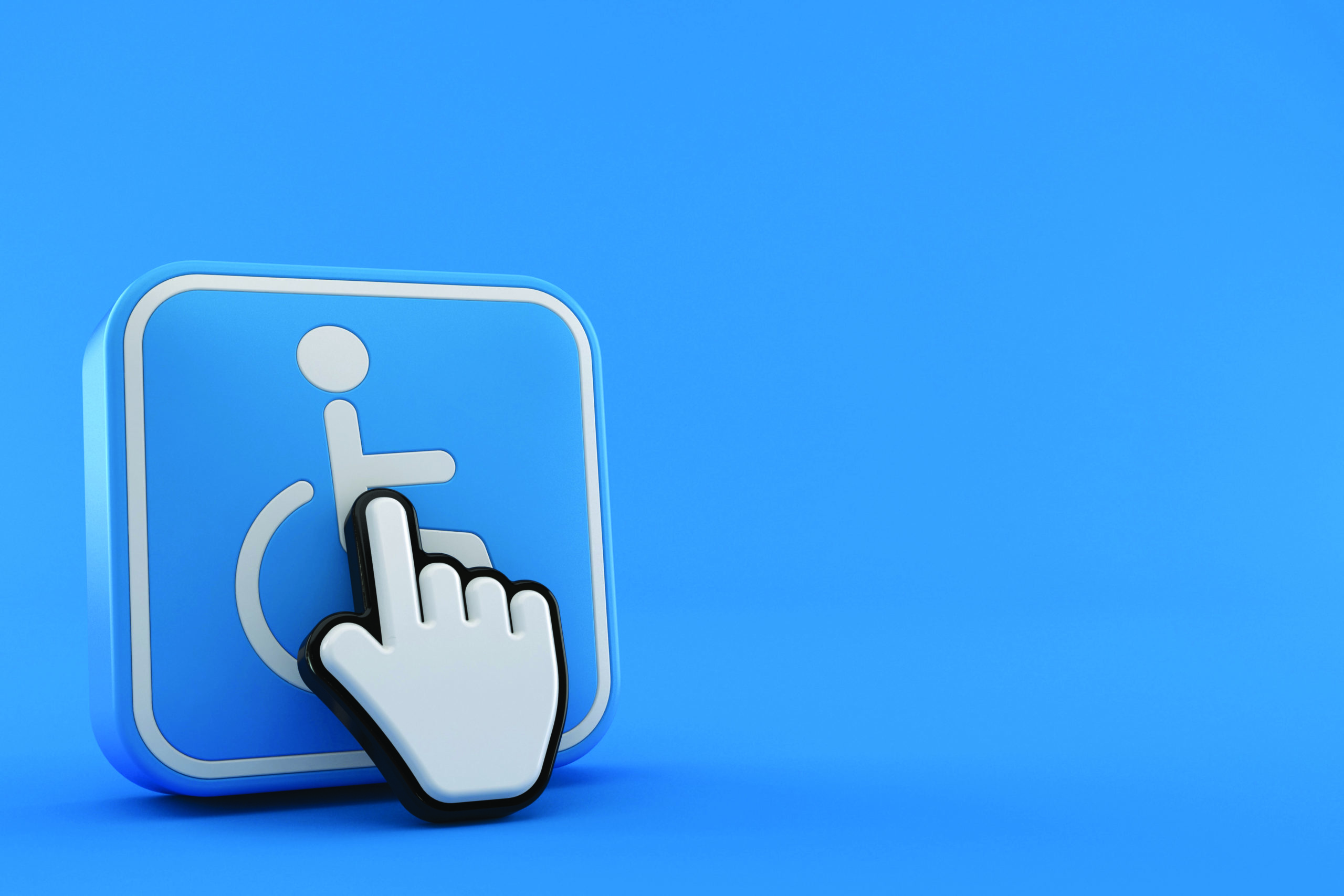 Handicap symbol with web cursor isolated on blue background. 3d illustration