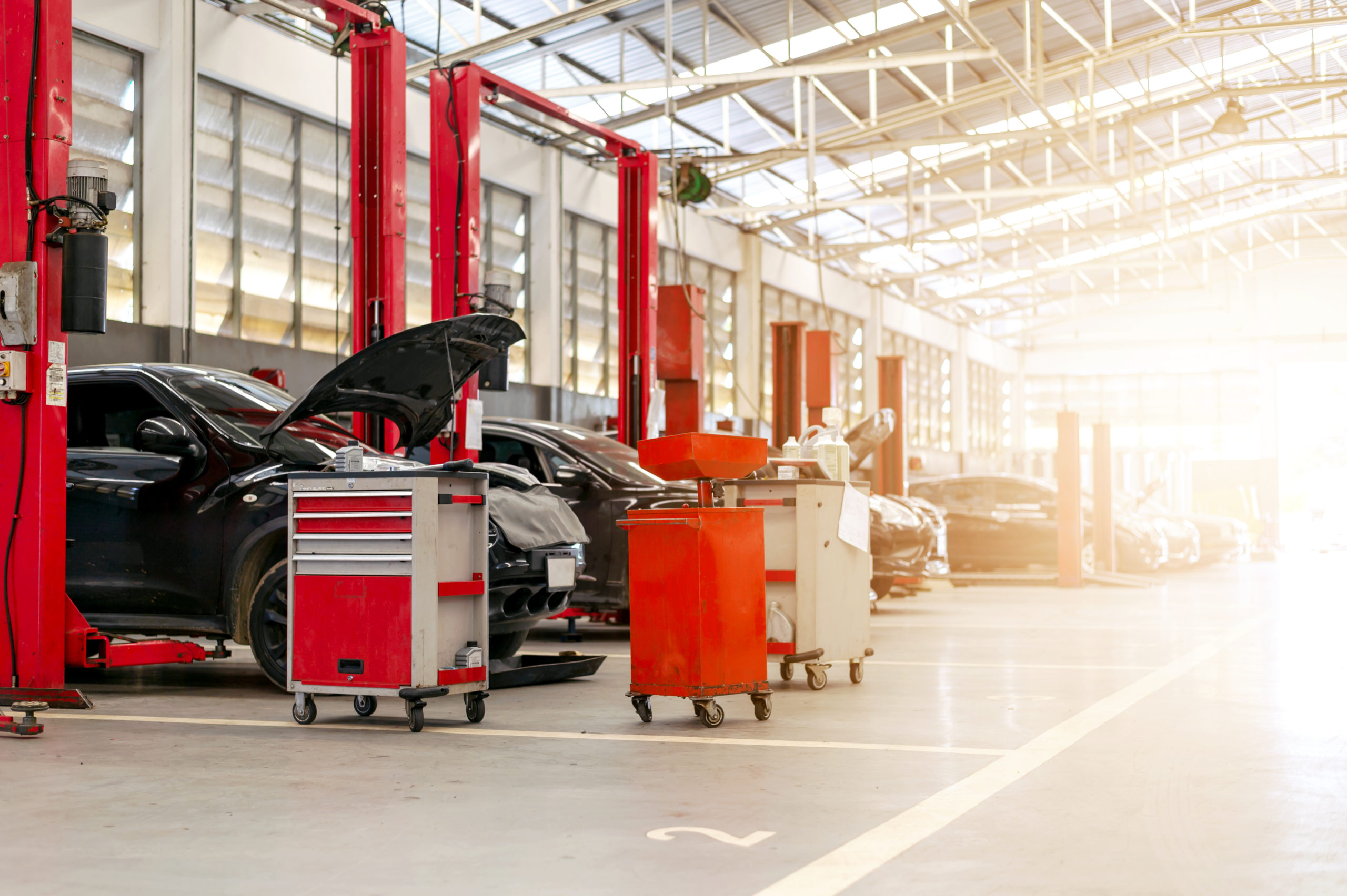 car repair station with soft-focus and over light in the background