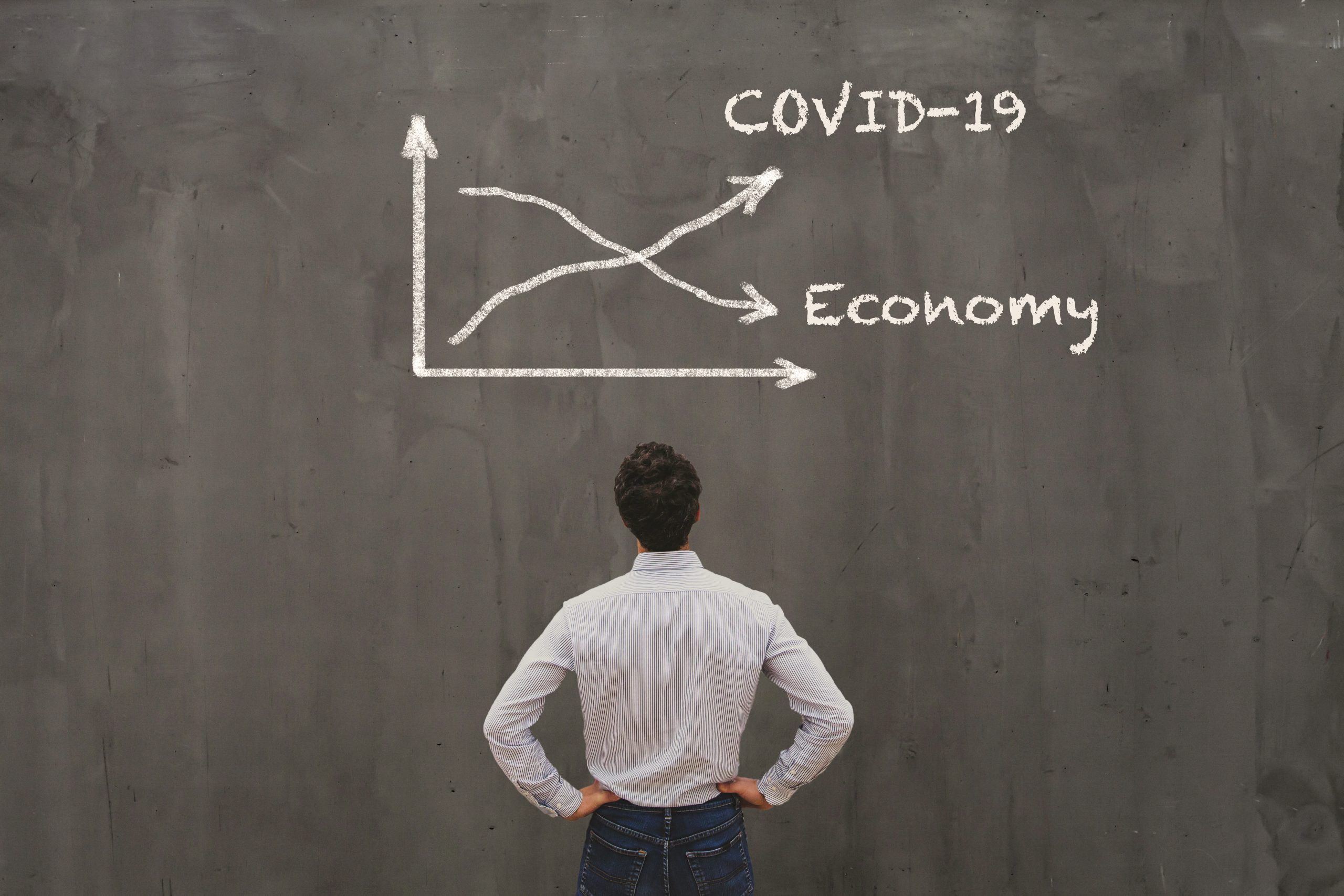 econimical crisis concept due to coronavirus COVID-19 spread in the world, virus curve up, economy down