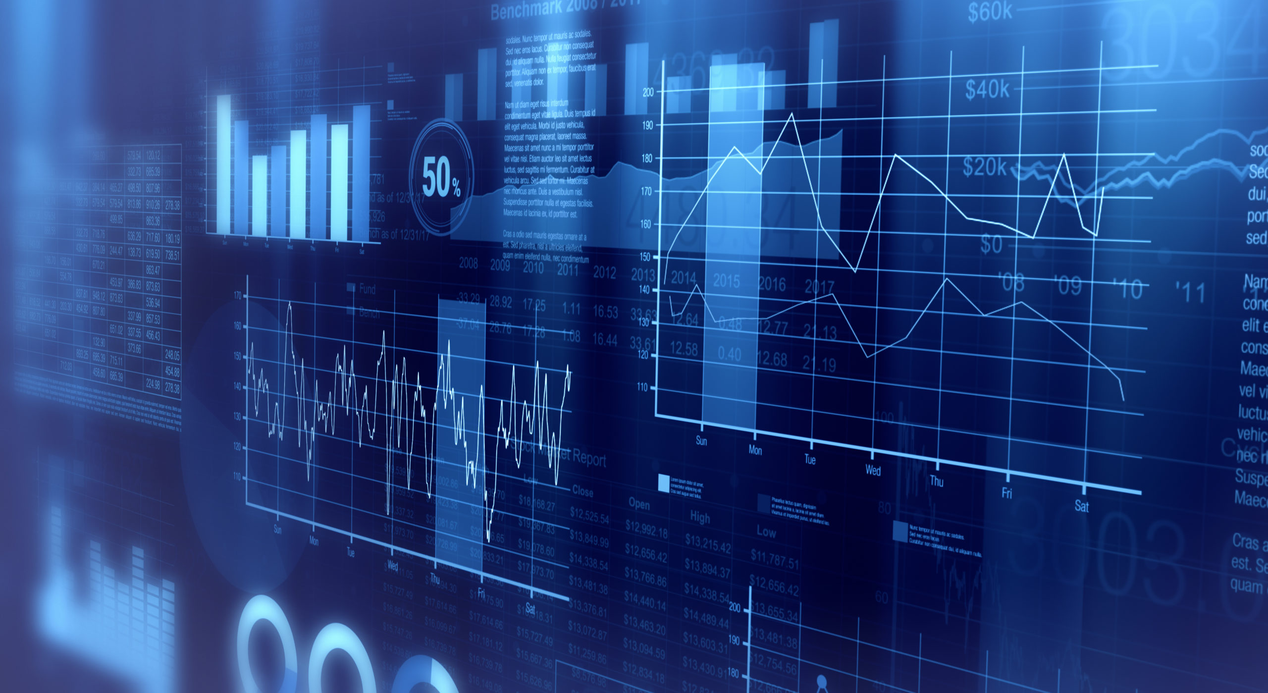 close-up view of financial graphs, bar, circle and line charts (3d render)