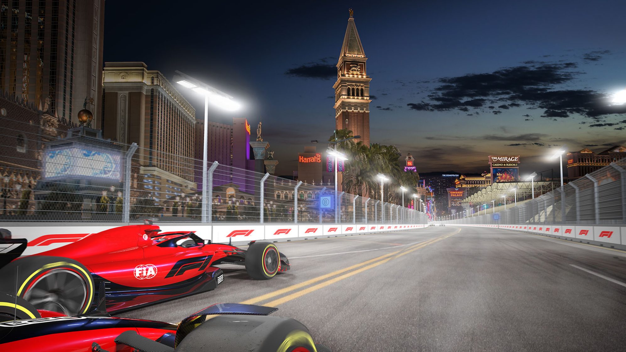 Formula 1 cars racing through Las Vegas street with skyline behind