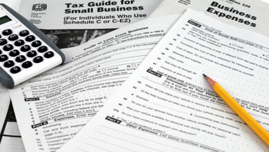 IRS Business Tax forms, business expense form and instructions with pencil and calculator