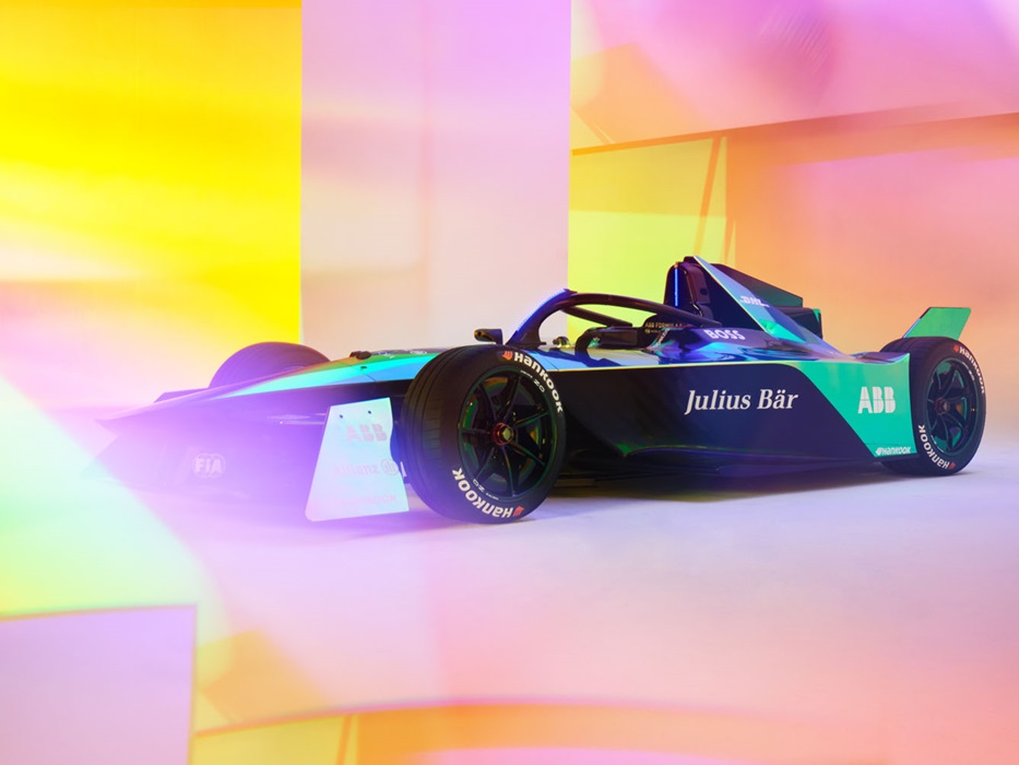 the new formula e racecar on a multicolored background