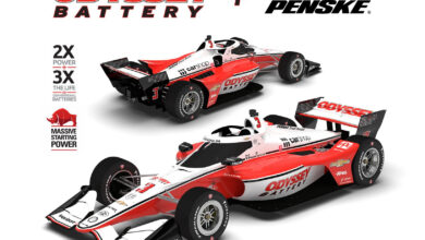 A Team Penske IndyCar with the Odyssey Battery logo on the sidepods