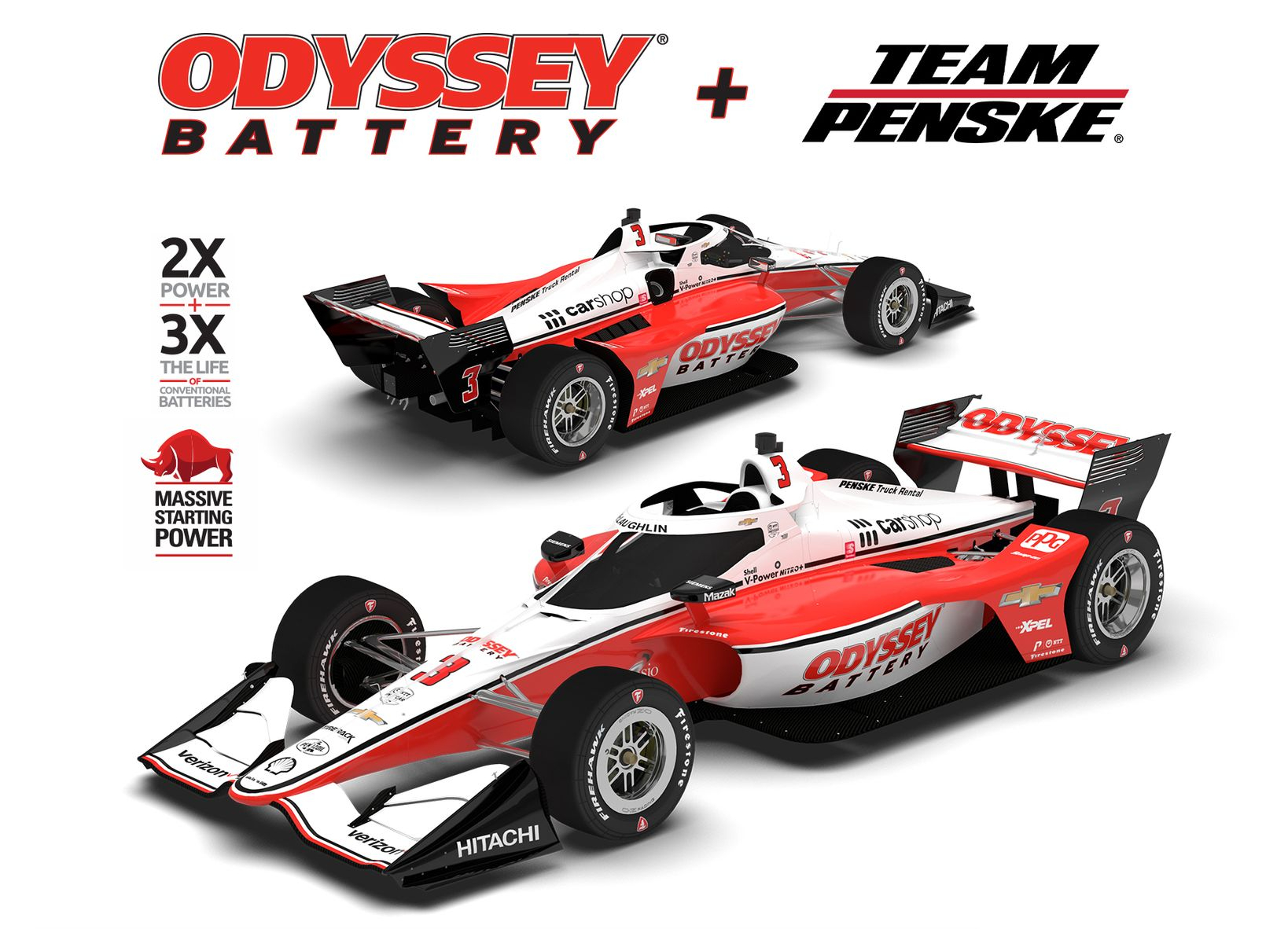 A Team Penske IndyCar with the Odyssey Battery logo on the sidepods