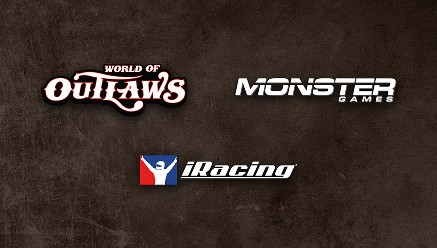 world of outlaws, iracing and monster games logos on brown background