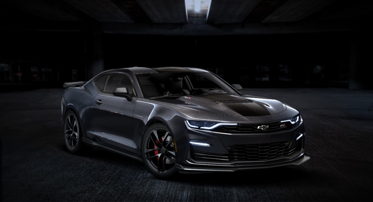 Front 3/4 view of 2024 Chevrolet Camaro SS Collector’s Edition in Panther Black Metallic Tintcoat.