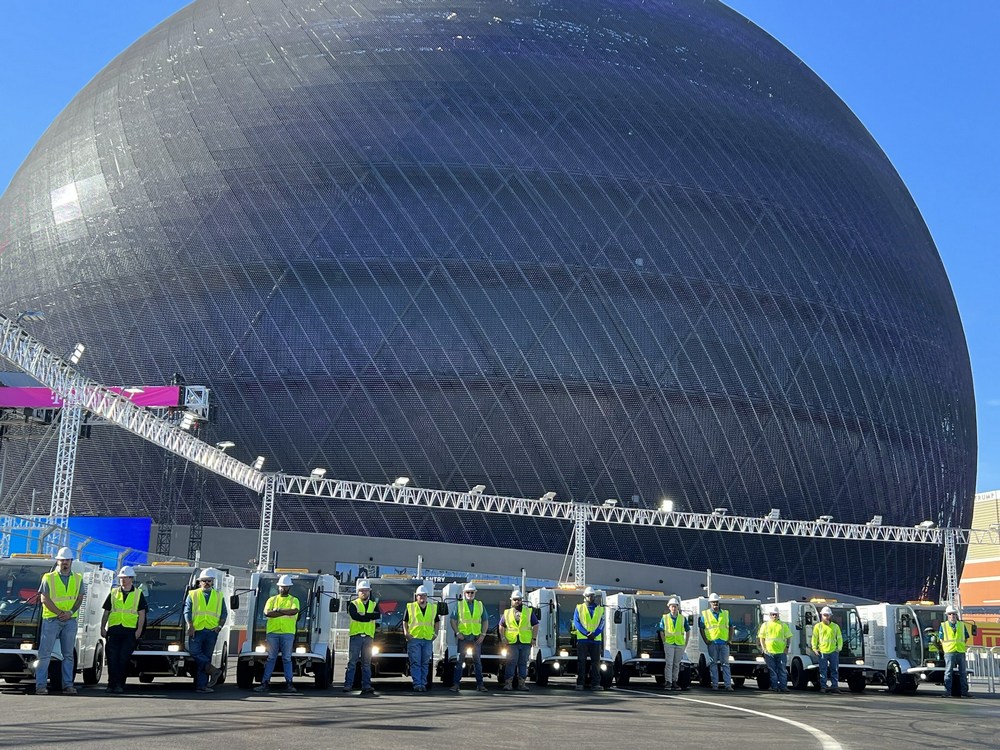 Cyclone clean team with equipment in front of Las Vegas Sphere