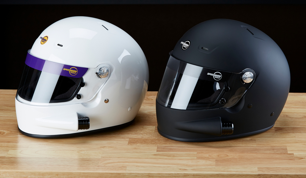 Speedway Motors white & black helmets