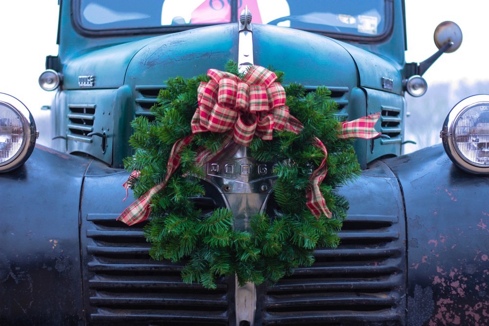 Old Dodge truck grille with wreath