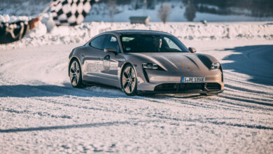 FAT luxury silver car on snow track