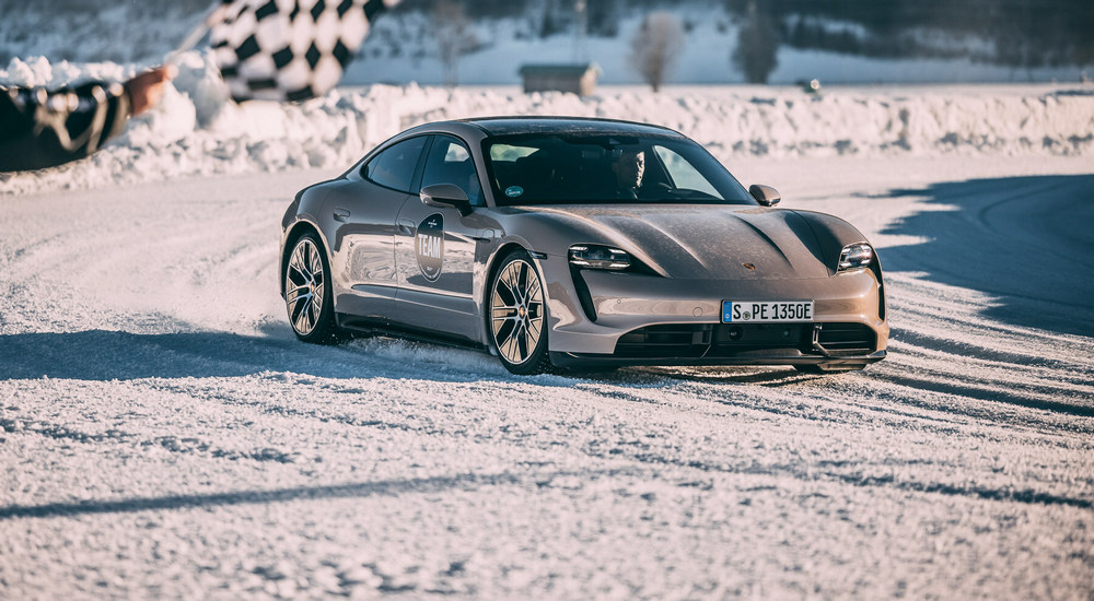 FAT luxury silver car on snow track