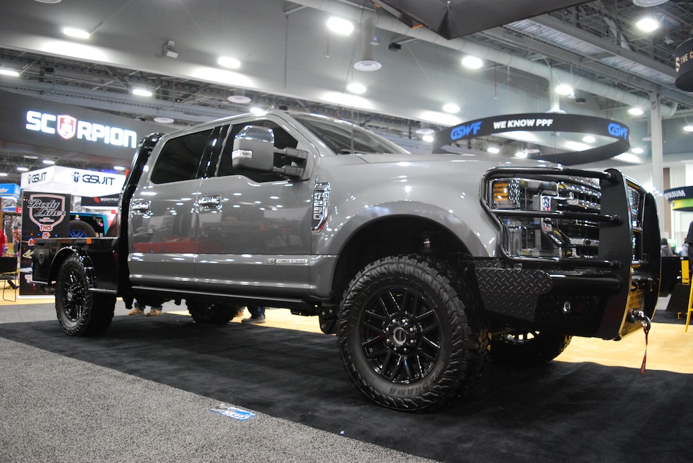 Silver/gray Ford work truck from SEMA with flatbed