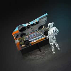 Virtual racer looking at open Slot Mods table